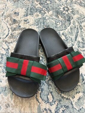 Gucci Black Slide Sandals with Green & Red Ribbon Accent